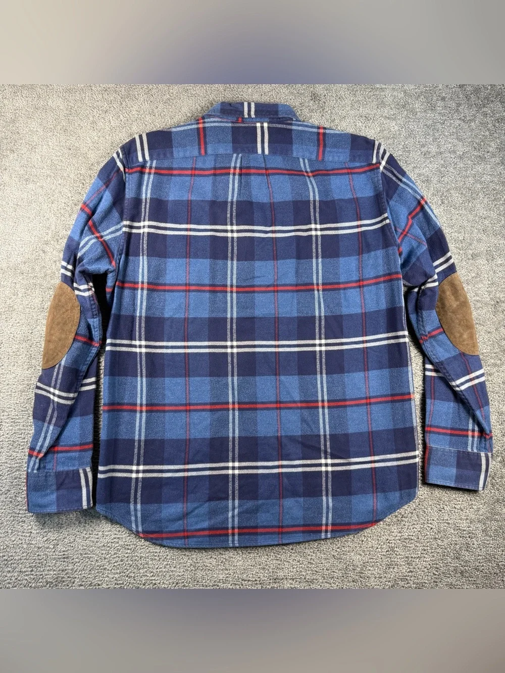 J Crew Mens Shirt L Plaid Button Down Elbow Patch Cotton Flannel Slim Fit Blue